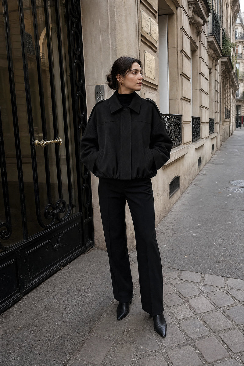SOFAINE-V7-LIFE-Harlow | Suede-Feel Jacket in Black, street-style view