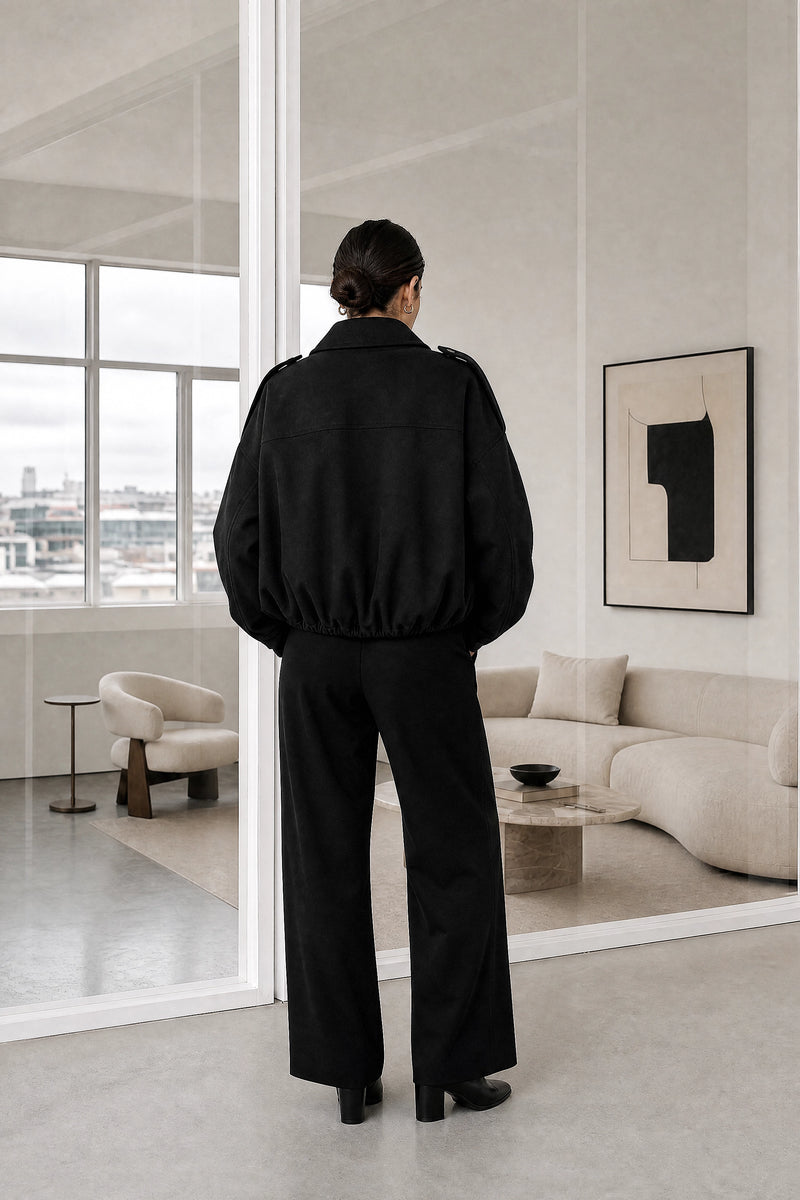 Harlow | Suede-Feel Jacket in Black, studio back view