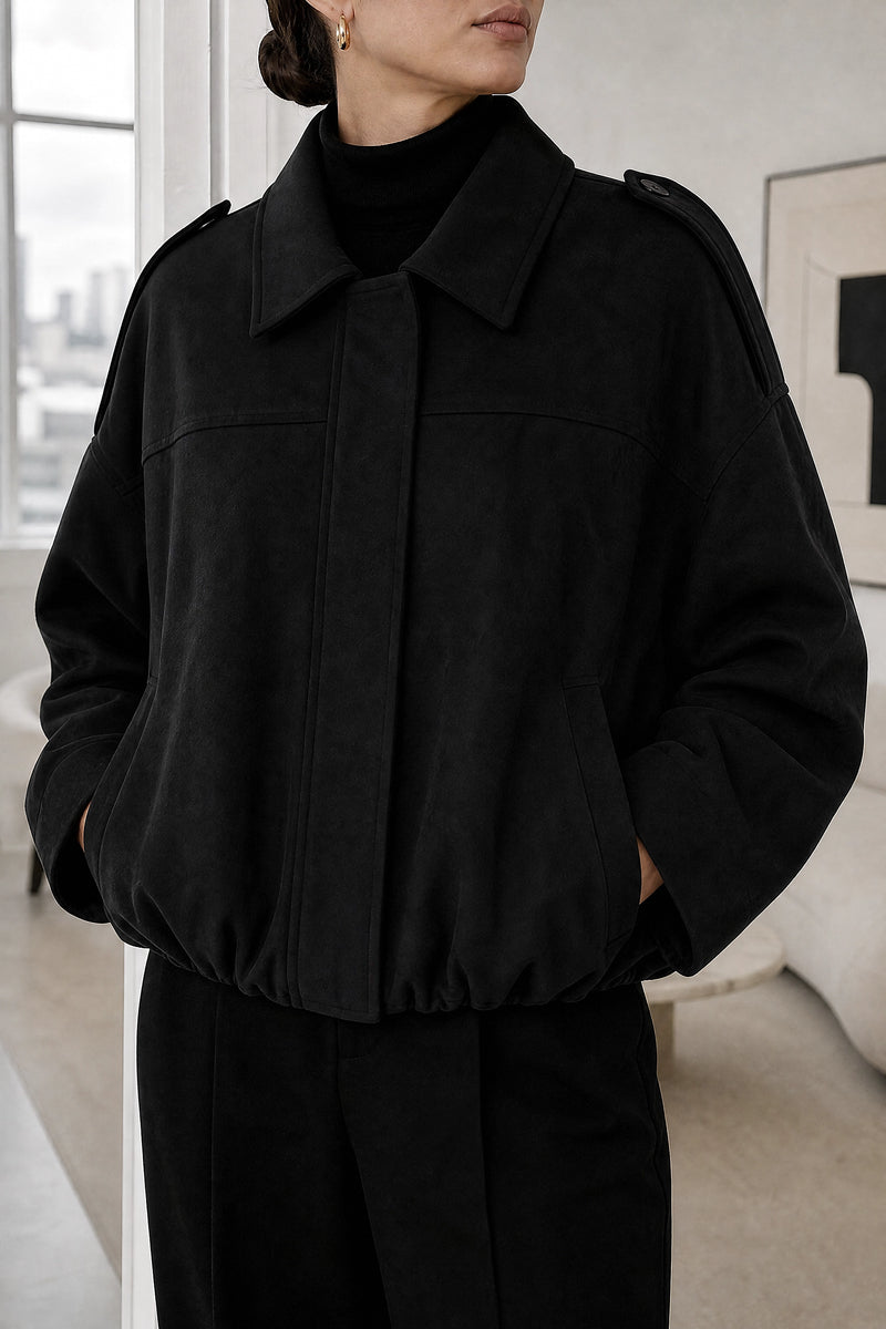 Harlow | Suede-Feel Jacket in Black, fabric close-up