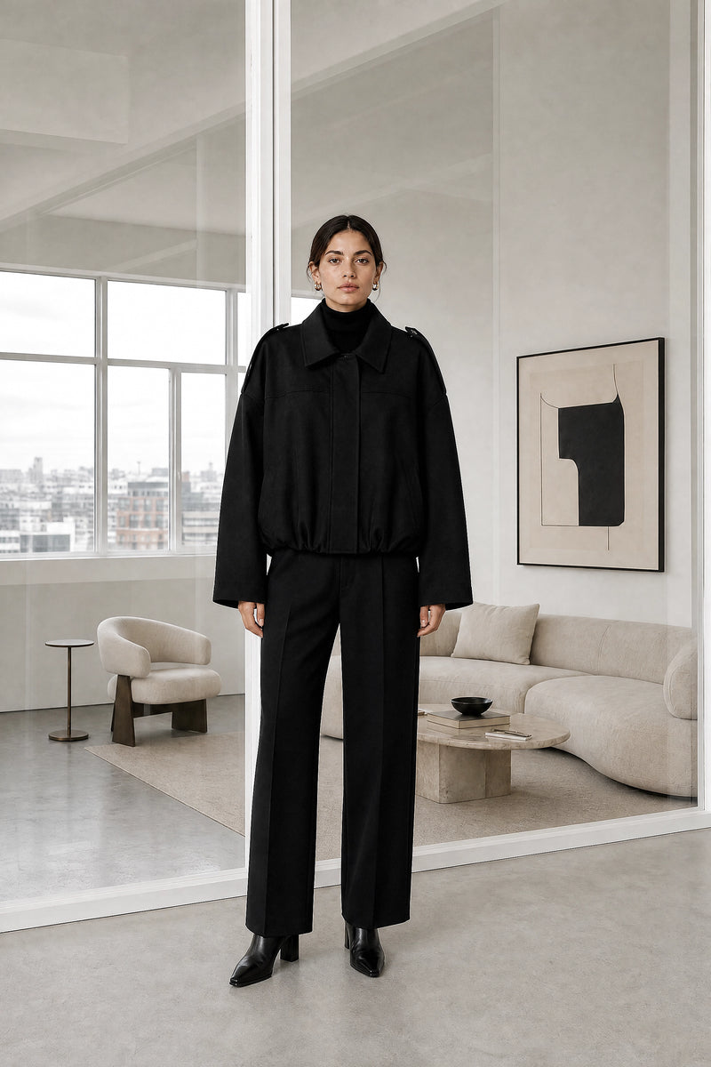 Harlow | Suede-Feel Jacket in Black, studio front view