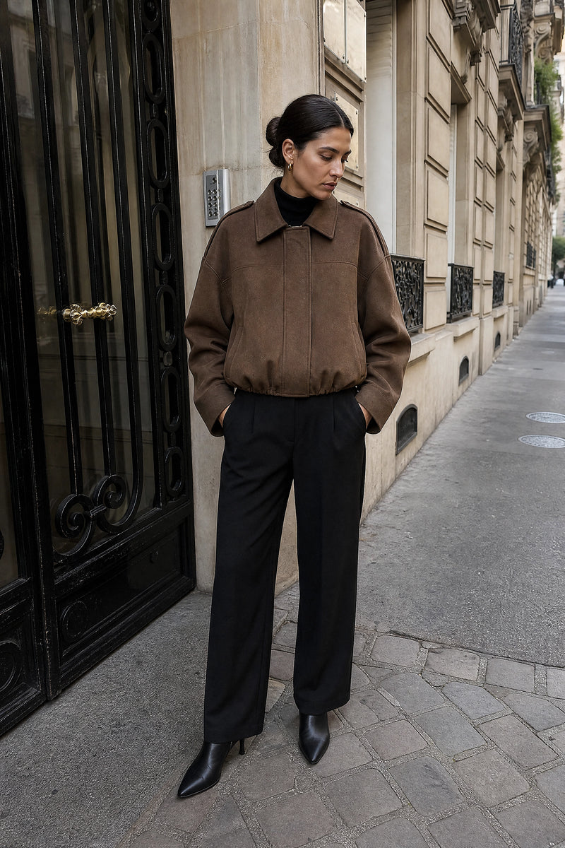 SOFAINE-V7-LIFE-Harlow | Suede-Feel Jacket in Brown, street-style view