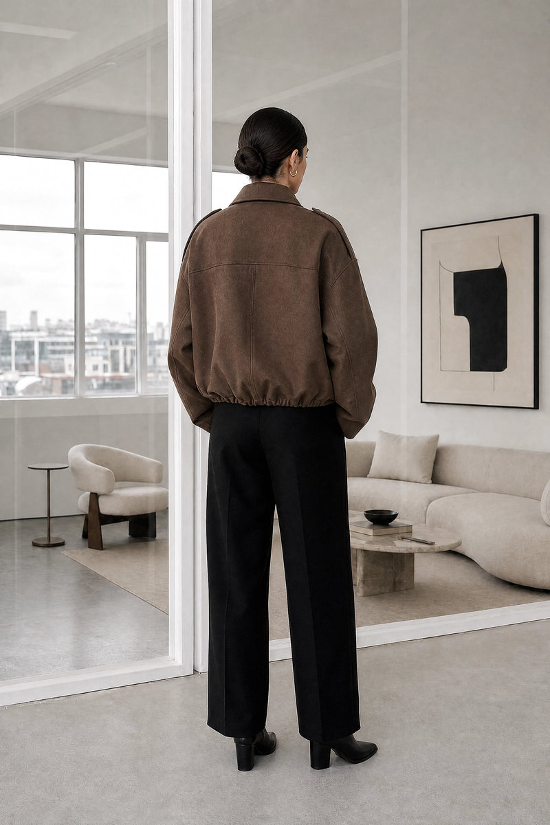 Harlow | Suede-Feel Jacket in Brown, studio back view