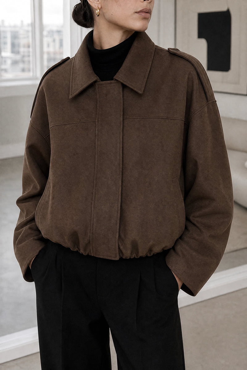 Harlow | Suede-Feel Jacket in Brown, fabric close-up