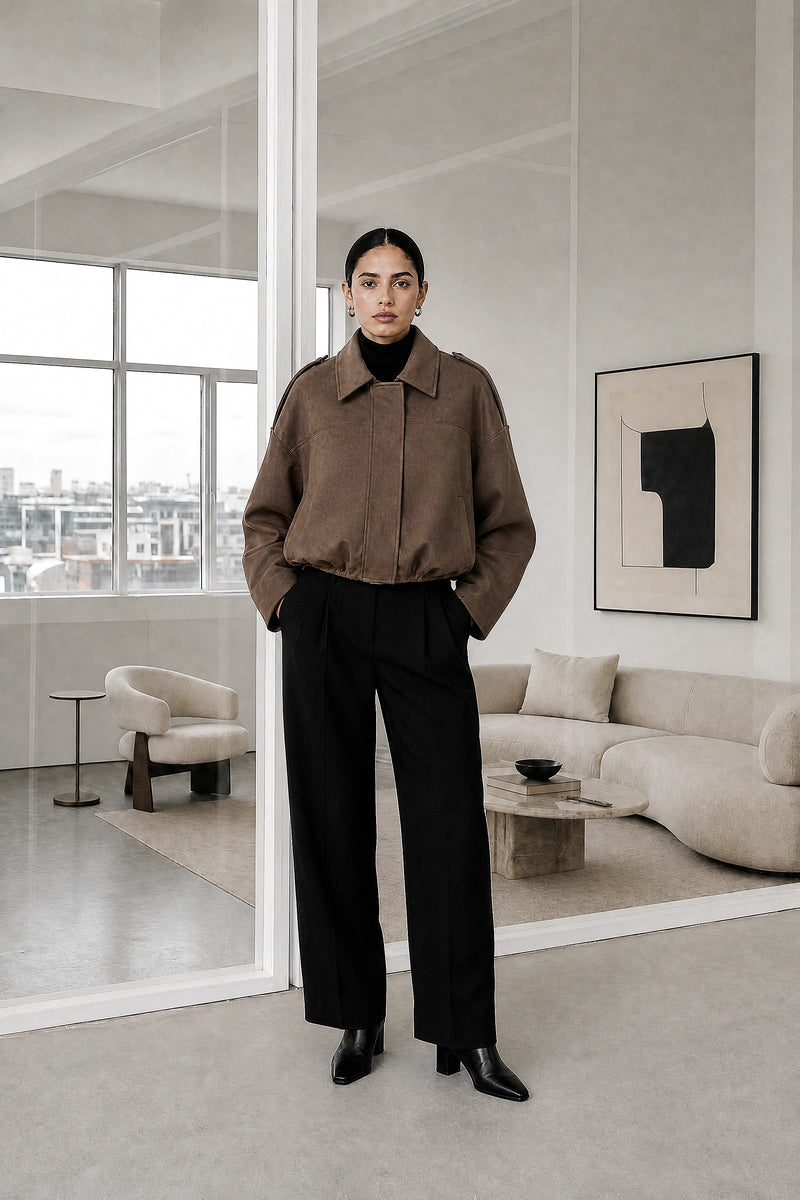 Harlow | Suede-Feel Jacket in Brown, studio front view