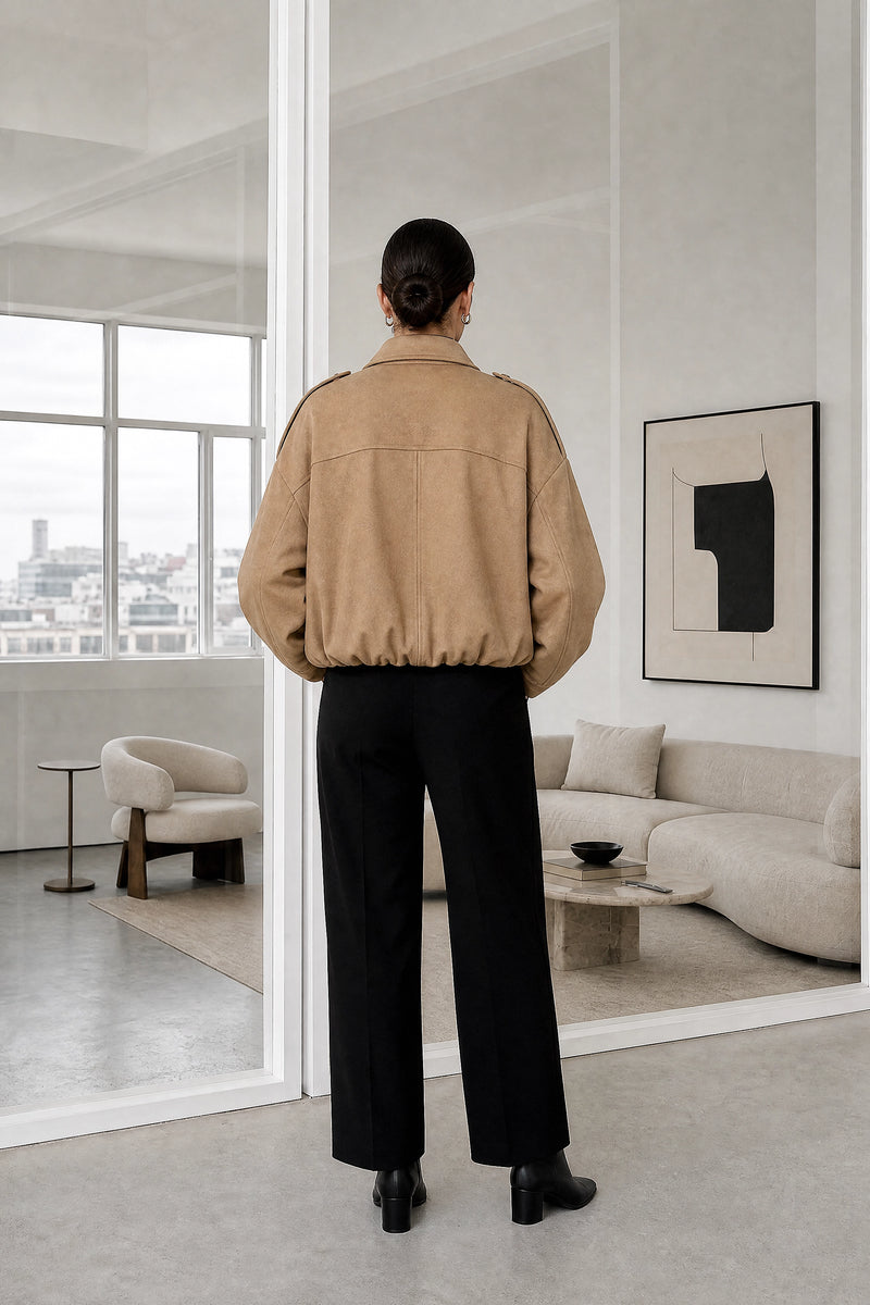 Harlow | Suede-Feel Jacket in Camel, studio back view