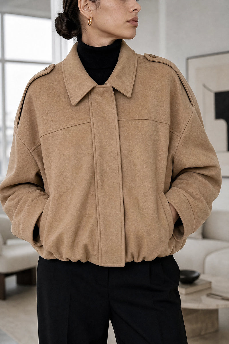 Harlow | Suede-Feel Jacket in Camel, fabric close-up