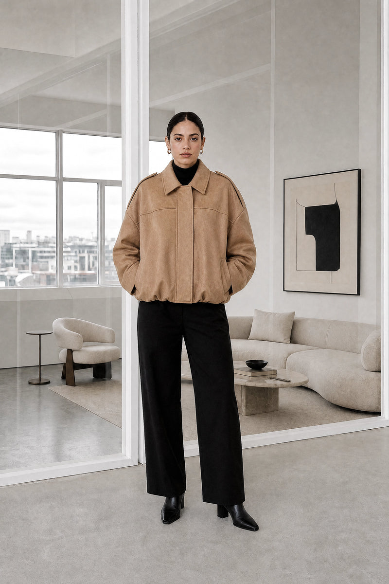 Harlow | Suede-Feel Jacket in Camel, studio front view