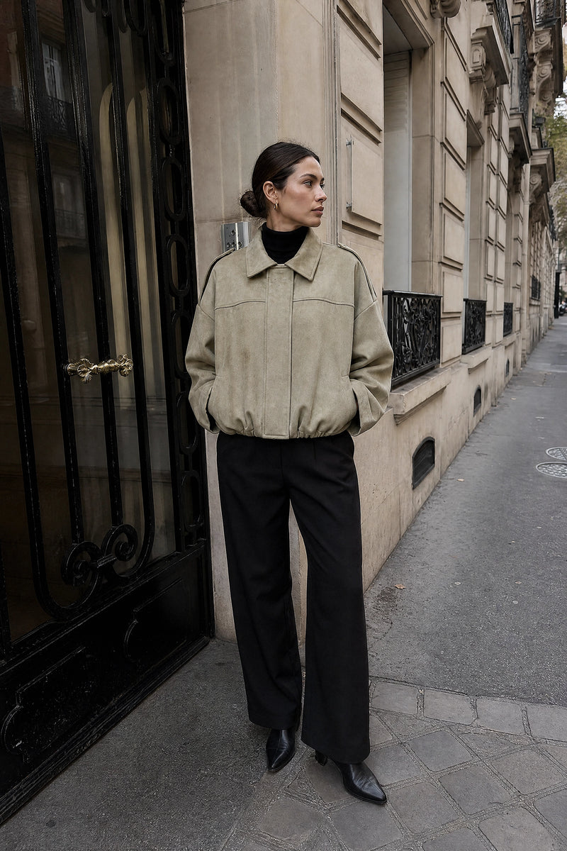 SOFAINE-V7-LIFE-Harlow | Suede-Feel Jacket in Khaki, street-style view