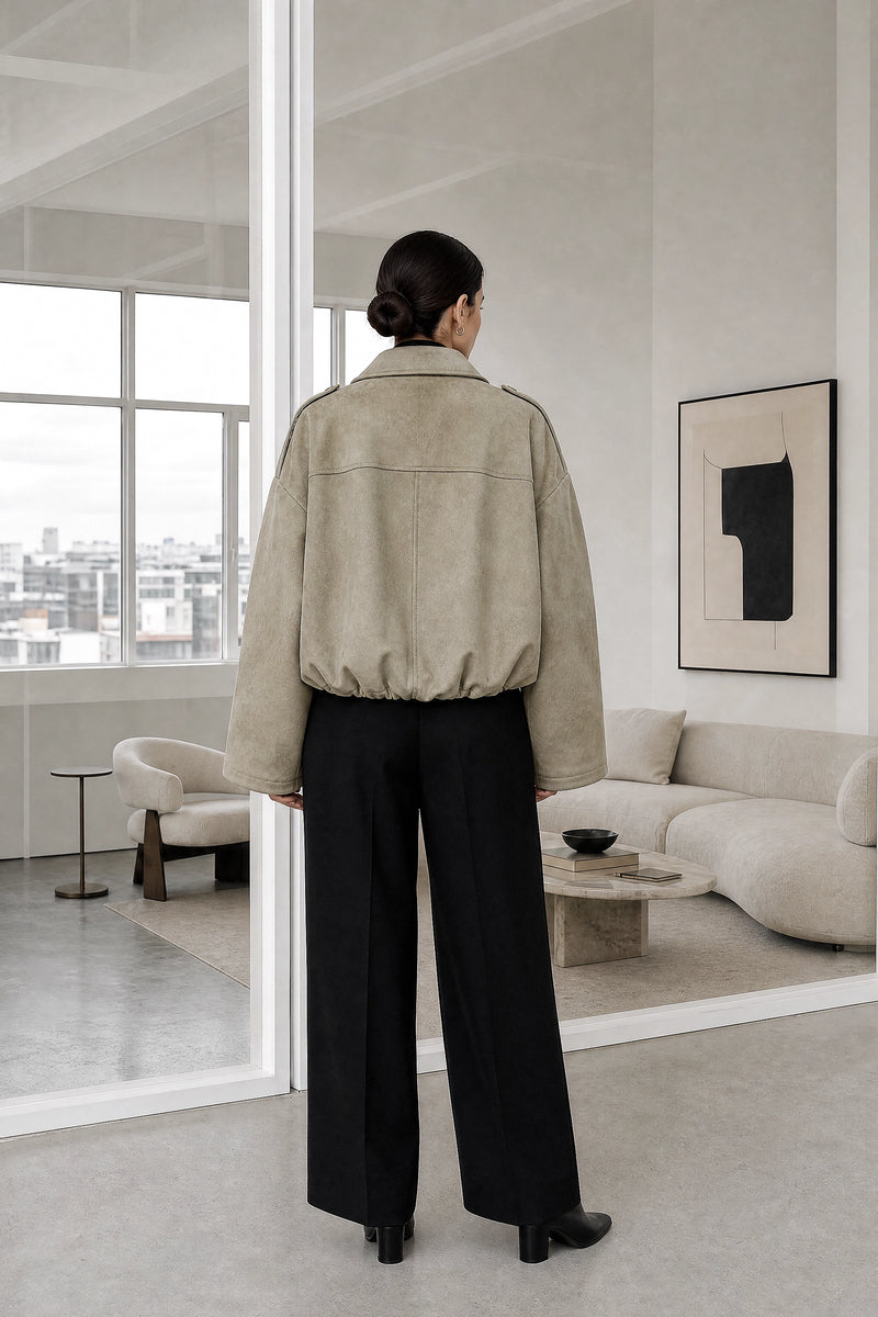 Harlow | Suede-Feel Jacket in Khaki, studio back view