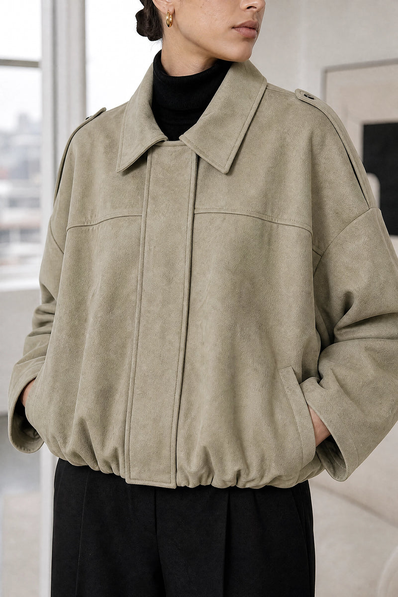 Harlow | Suede-Feel Jacket in Khaki, fabric close-up