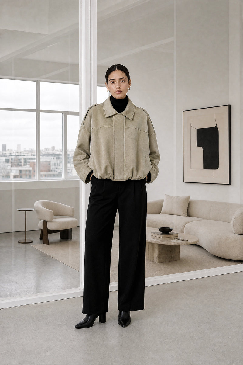 Harlow | Suede-Feel Jacket in Khaki, studio front view