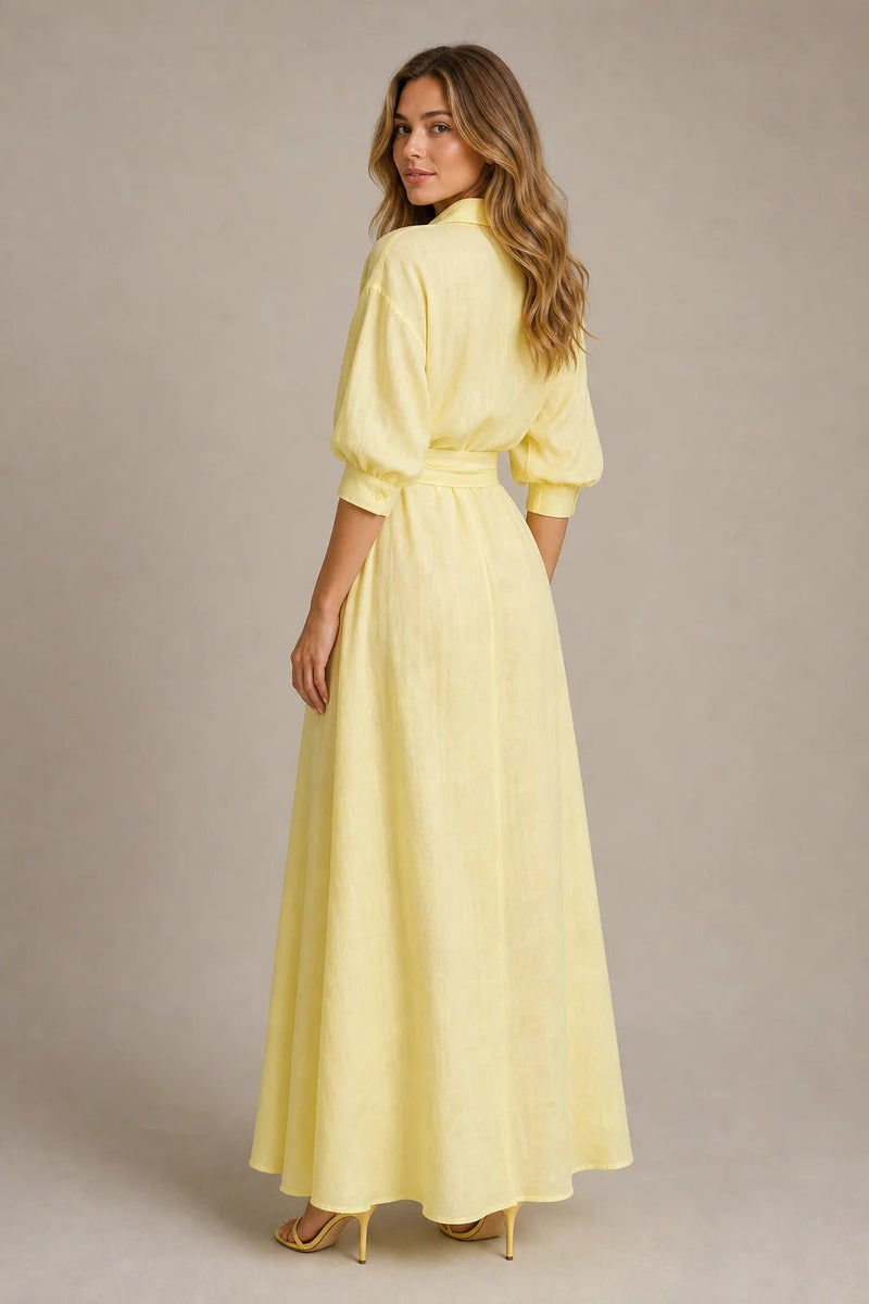 Sofaine Harper linen maxi shirt dress in pale yellow with puff sleeves, back view