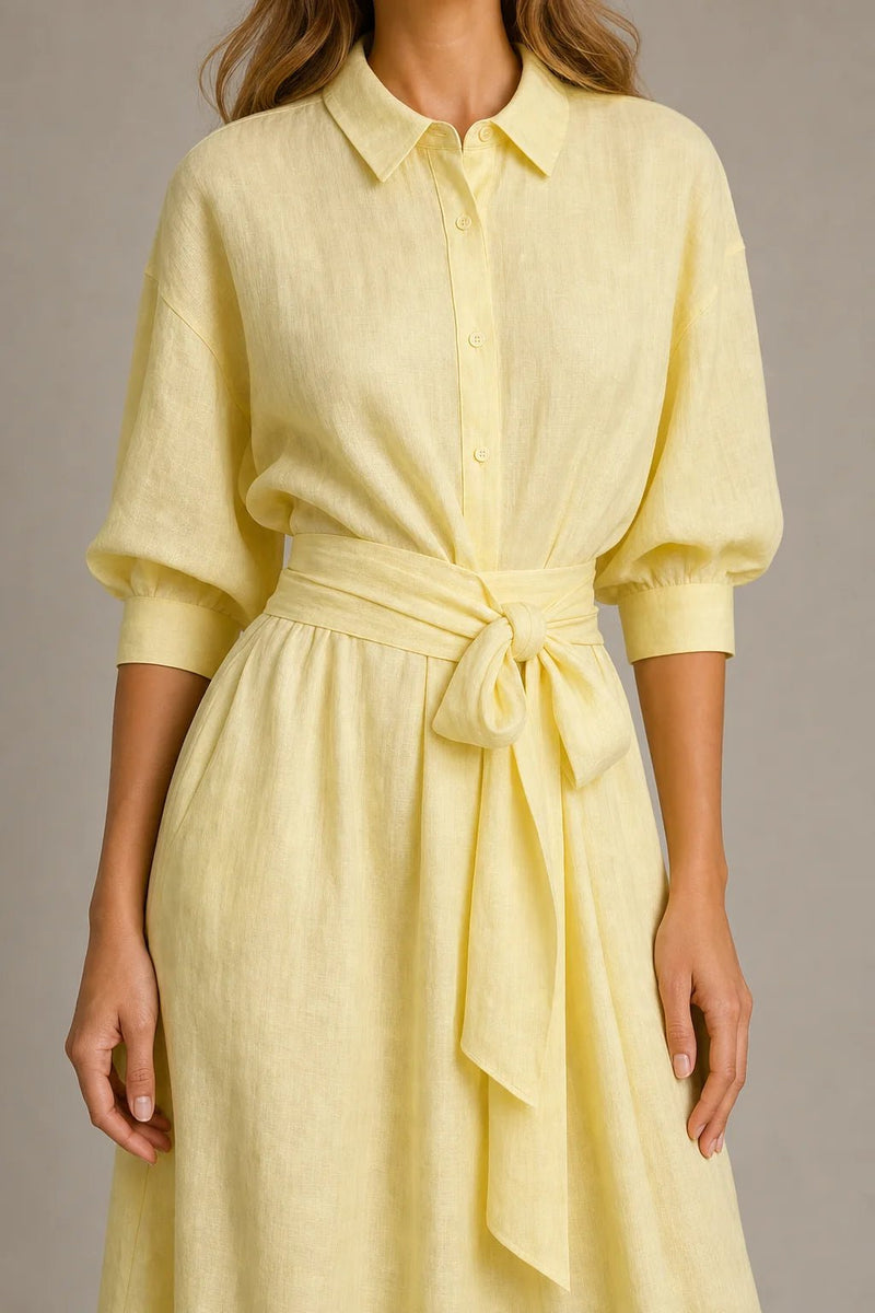 Sofaine Harper pale yellow linen dress, close-up detail of tie waist bow and button placket