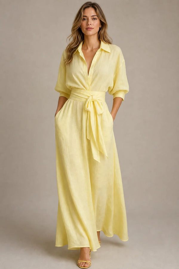 Sofaine Harper linen maxi shirt dress in pale yellow with tie waist, worn front view