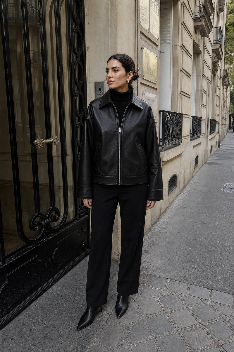 SOFAINE-V7-LIFE-Harriet | Faux Leather Jacket in Black, street-style view