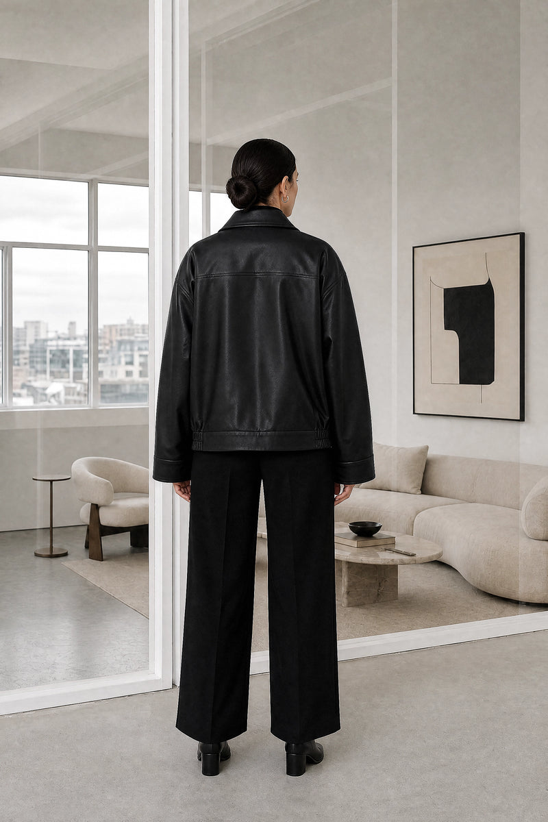Harriet | Faux Leather Jacket in Black, studio back view