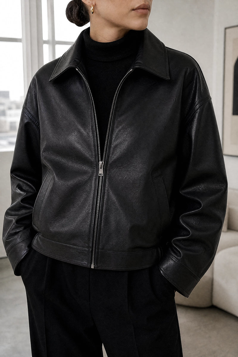 Harriet | Faux Leather Jacket in Black, fabric close-up