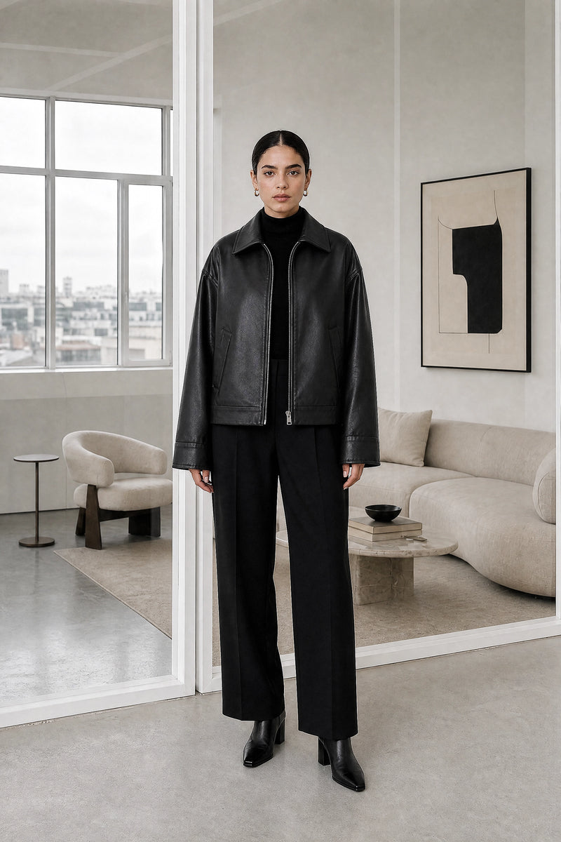 Harriet | Faux Leather Jacket in Black, studio front view