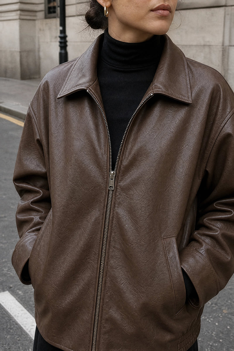 SOFAINE-V7-LIFE-Harriet | Faux Leather Jacket in Brown, detail close-up