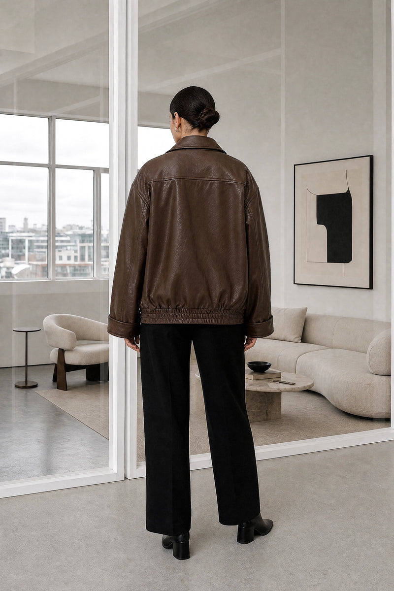 Harriet | Faux Leather Jacket in Brown, studio back view