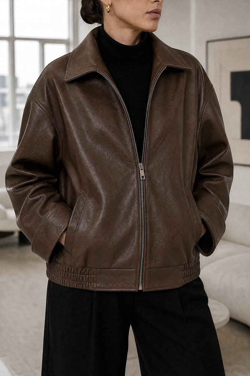 Harriet | Faux Leather Jacket in Brown, fabric close-up