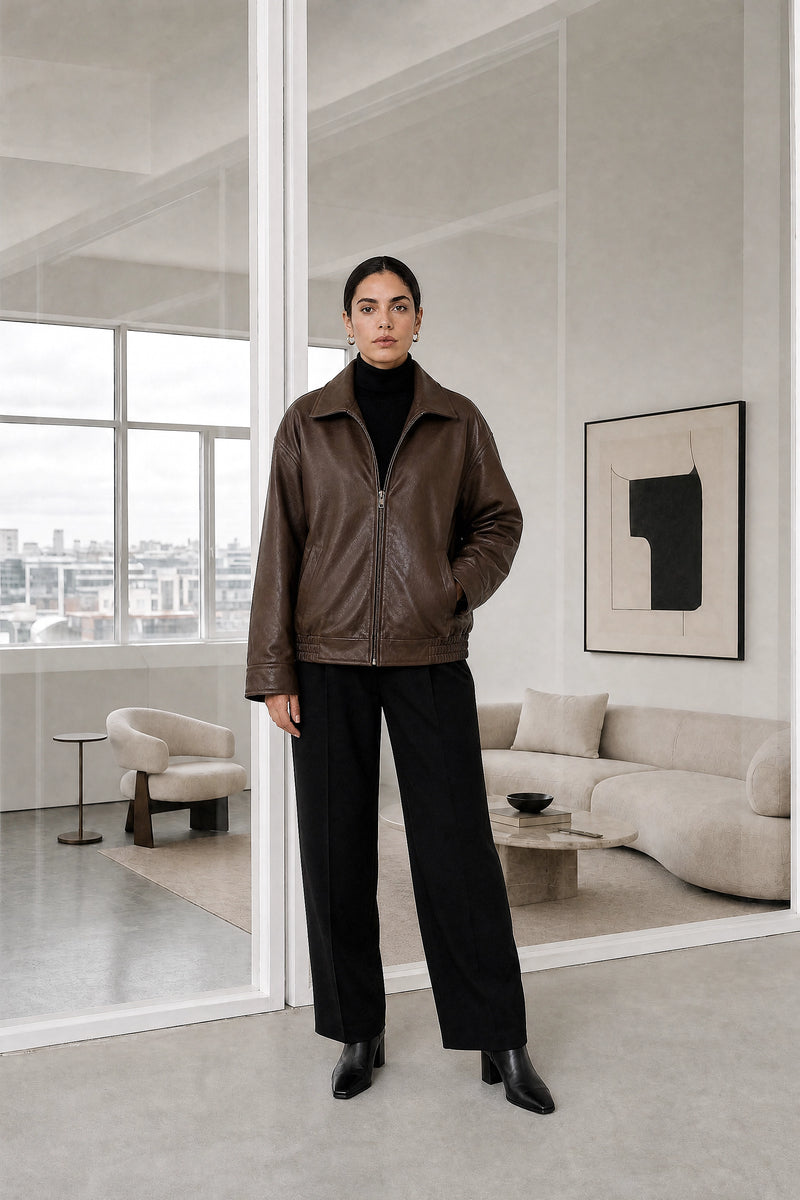 Harriet | Faux Leather Jacket in Brown, studio front view