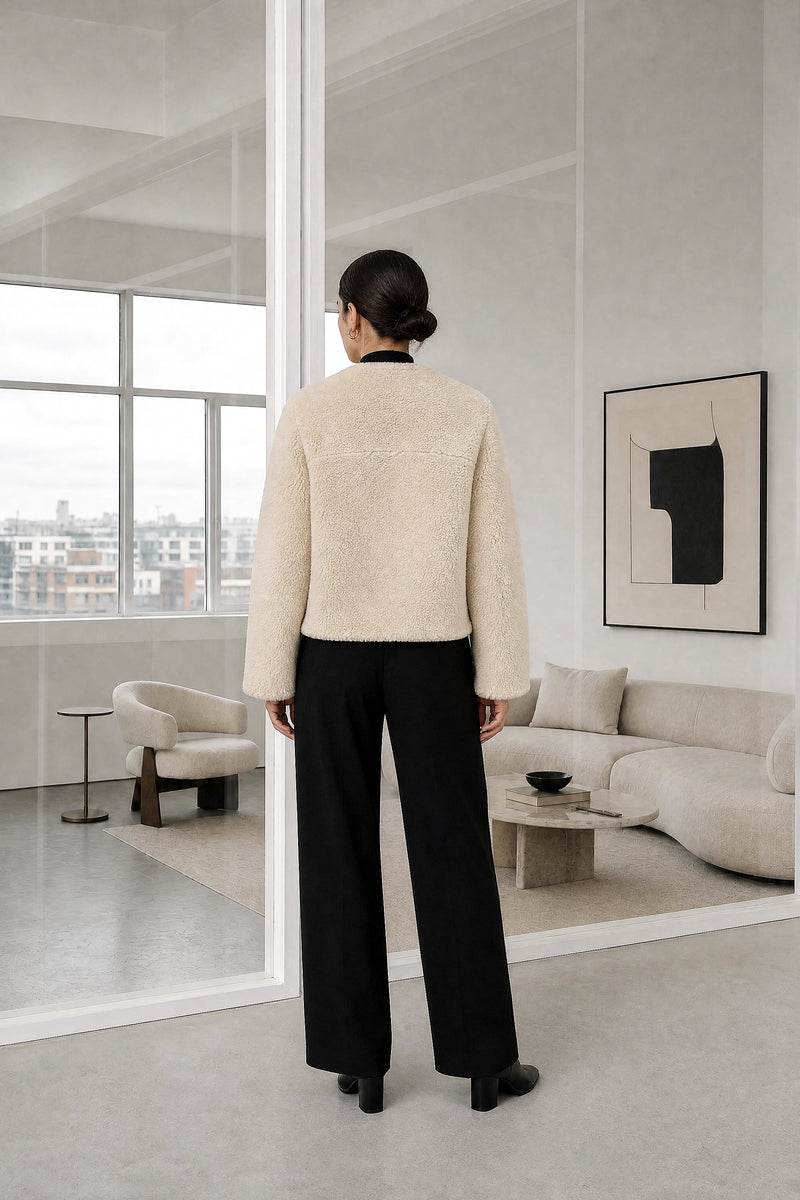 Hattie | Fleece Jacket in Beige, studio back view