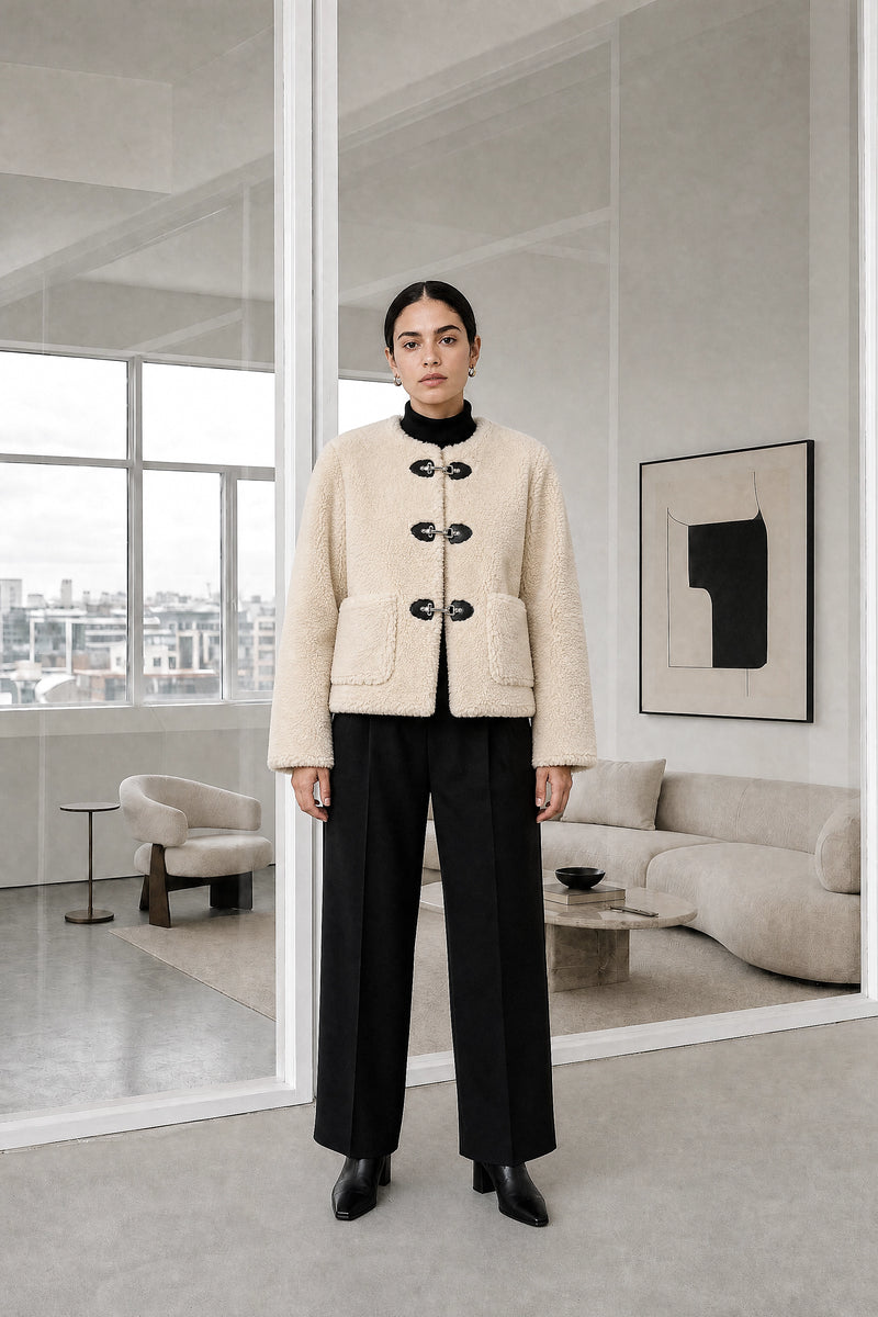 Hattie | Fleece Jacket in Beige, studio front view