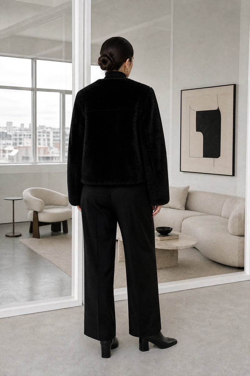 Hattie | Fleece Jacket in Black, studio back view