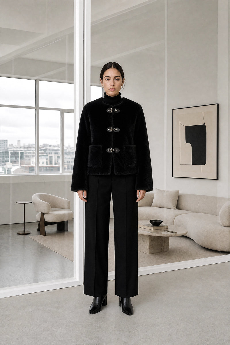 Hattie | Fleece Jacket in Black, studio front view
