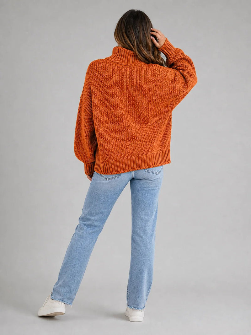 Sofaine Hazel oversized turtleneck knit sweater in burnt orange, back view
