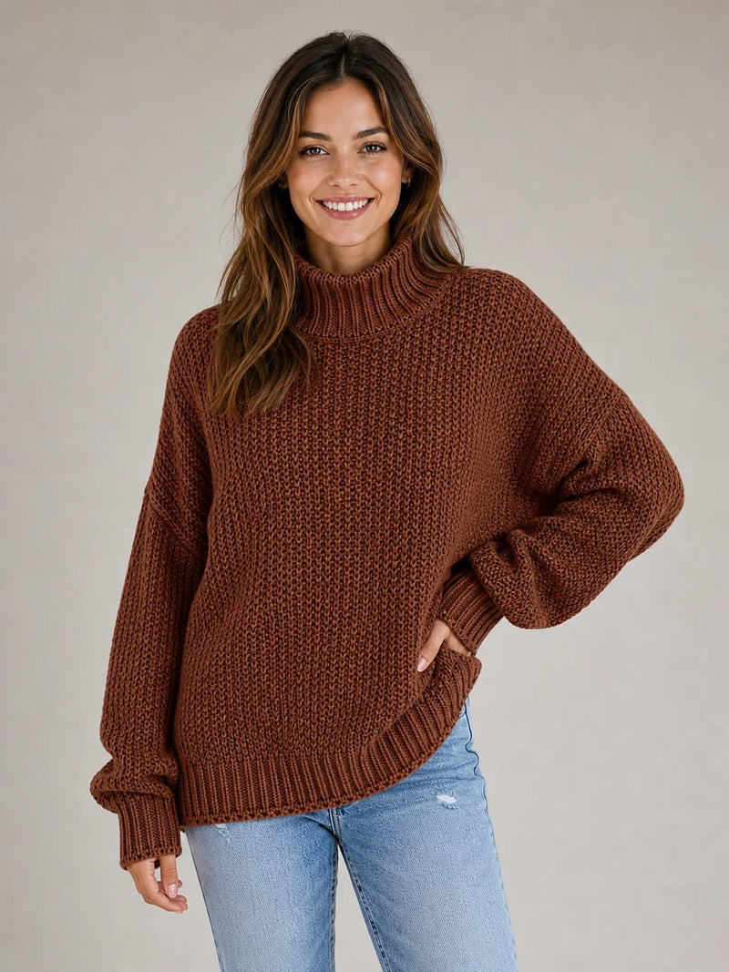 Sofaine Hazel chunky turtleneck knit pullover sweater in rust brown, worn front view