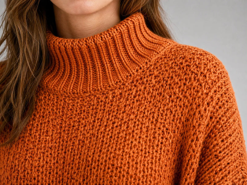 Sofaine Hazel turtleneck sweater in burnt orange, ribbed collar and knit texture close-up