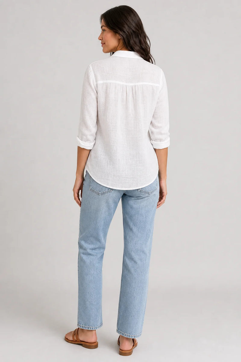 Sofaine Estelle linen button-up blouse in White, worn back