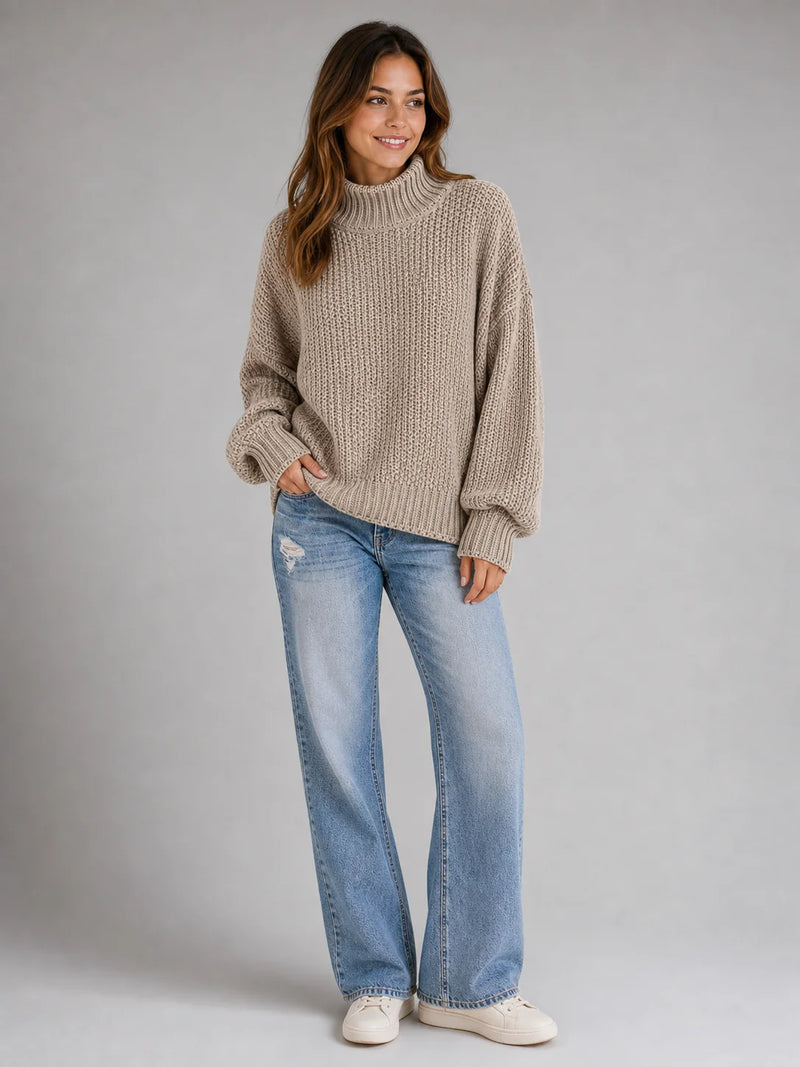 Sofaine Hazel women's chunky knit turtleneck pullover sweater in Beige, worn front