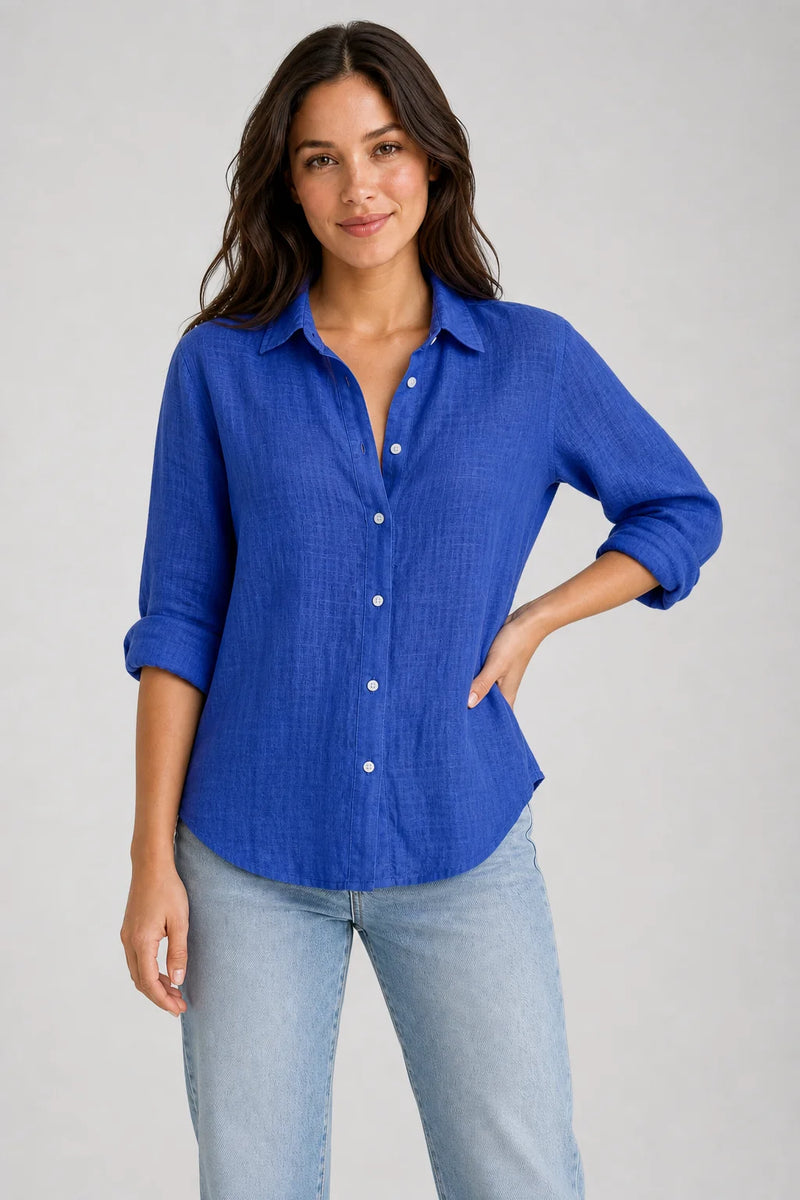 Sofaine Estelle linen button-up blouse in Blue, worn front