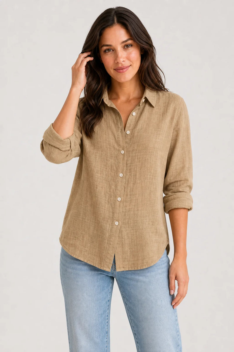 Sofaine Estelle linen button-up blouse in Brown, worn front
