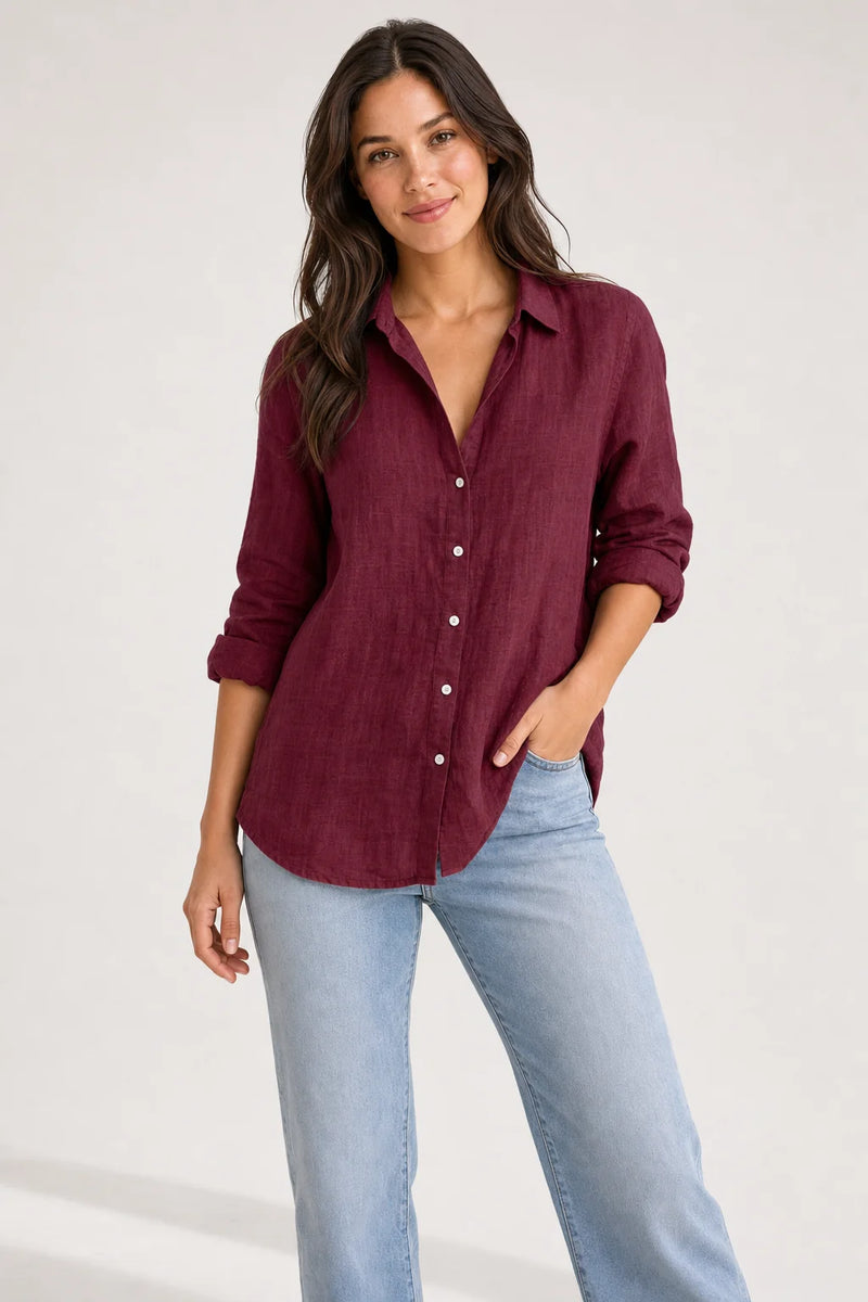 Sofaine Estelle linen button-up blouse in Bordeau, worn front