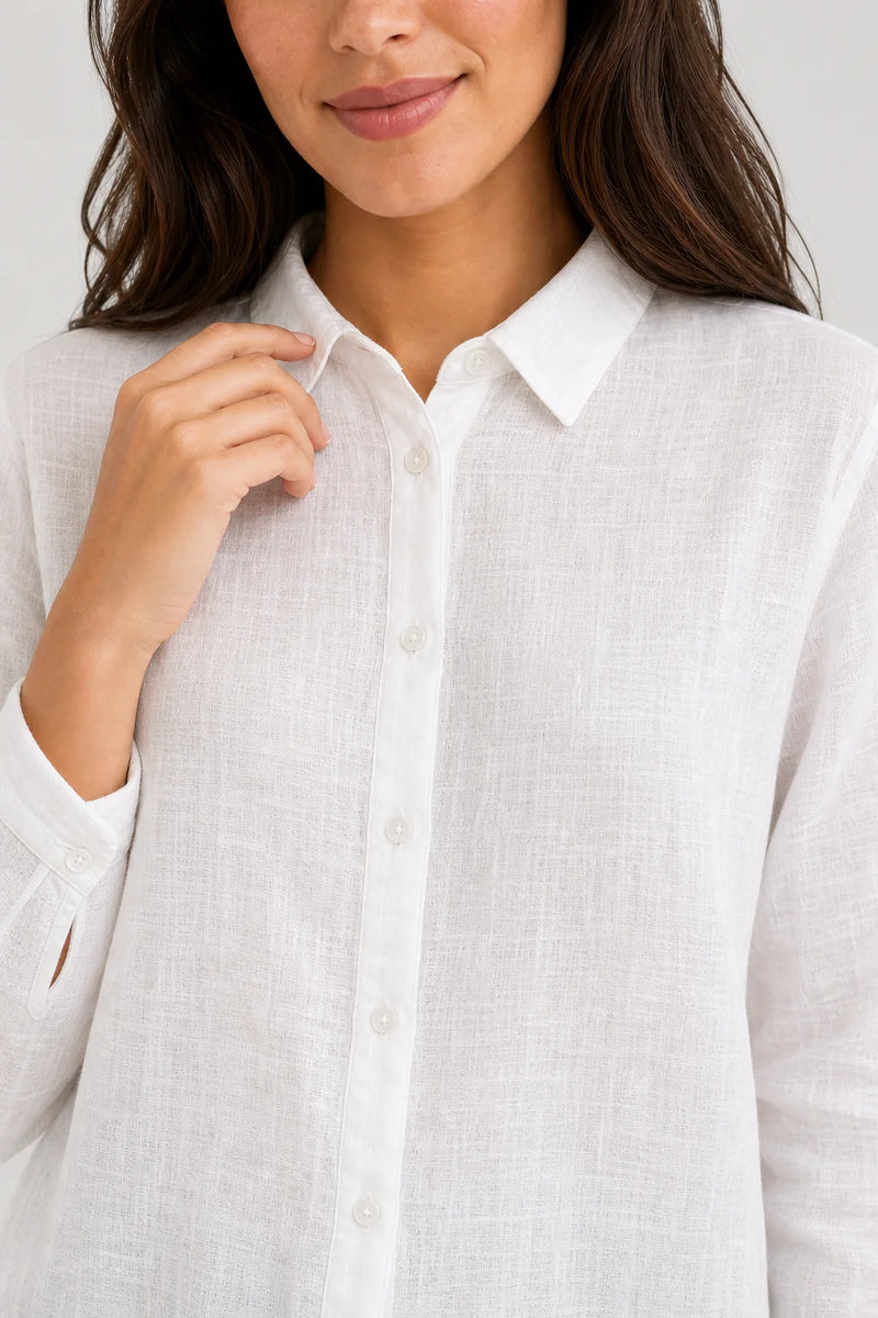 Sofaine Estelle linen button-up blouse in White, collar and placket detail