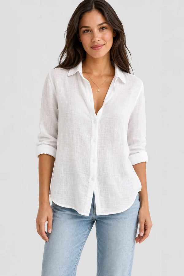 Sofaine Estelle linen button-up blouse in White, worn front hero