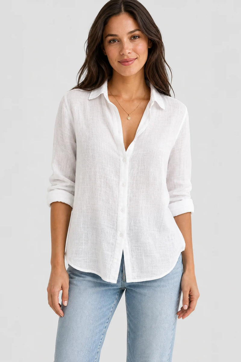 Sofaine Estelle linen button-up blouse in White, worn front hero