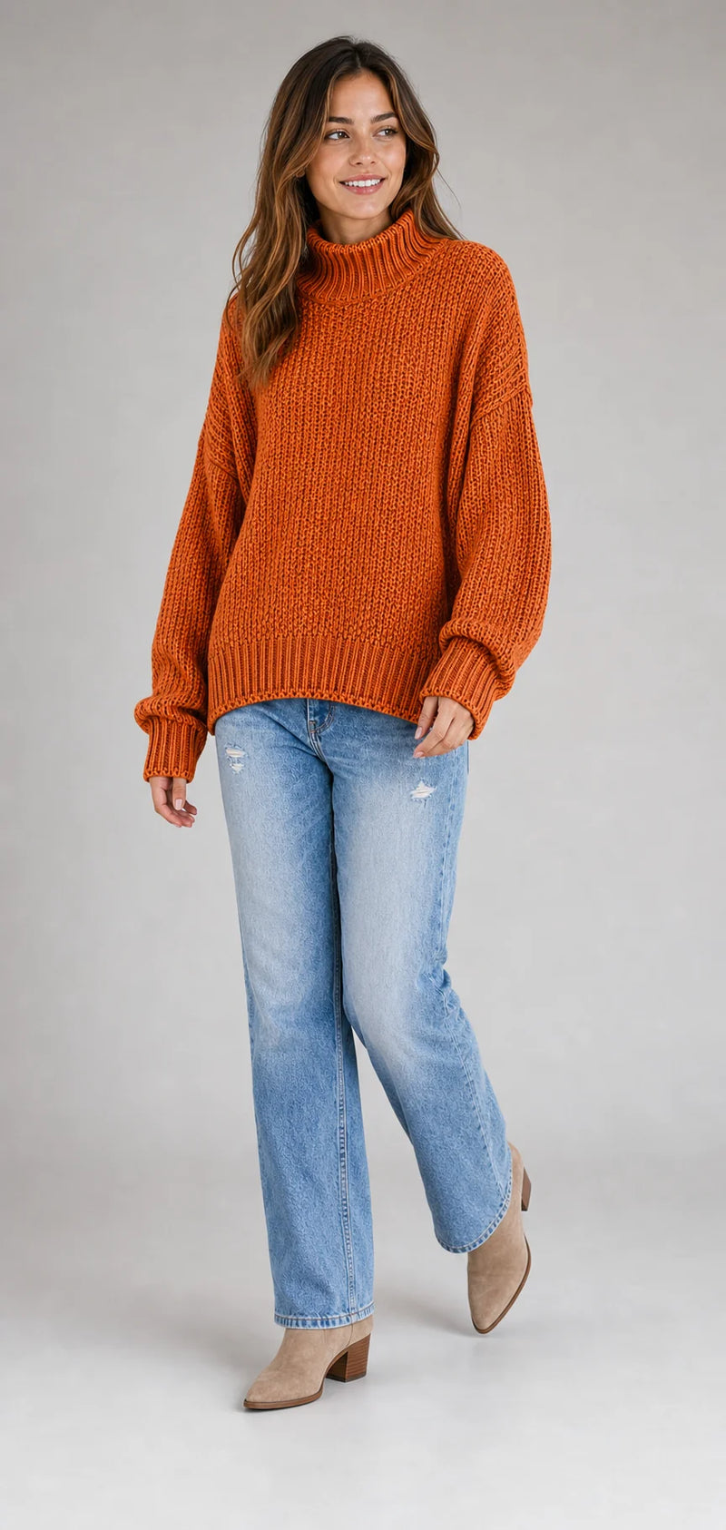 Sofaine Hazel women's chunky knit turtleneck pullover sweater in Orange, styled full look