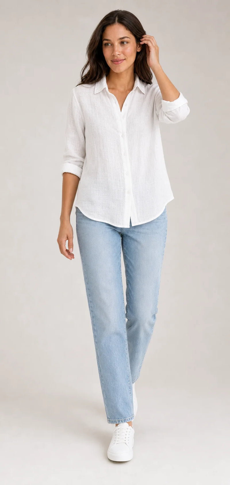 Sofaine Estelle linen button-up blouse in White, styled full look