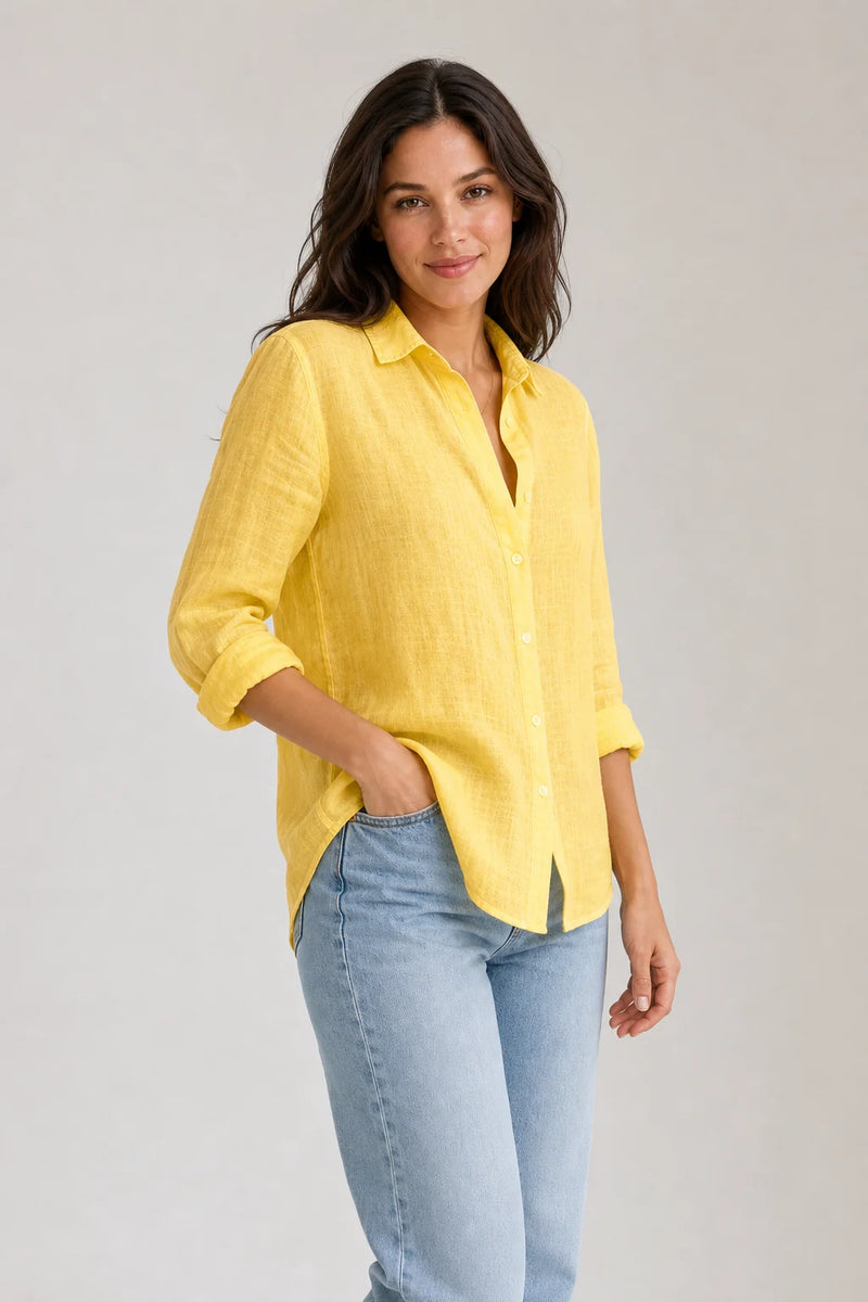 Sofaine Estelle linen button-up blouse in Yellow, worn front