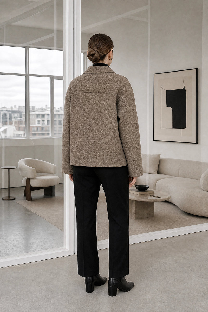 Heidi | Button-Front Jacket in Taupe, studio back view