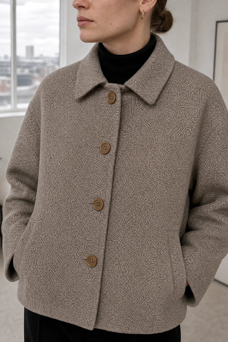 Heidi | Button-Front Jacket in Taupe, fabric close-up