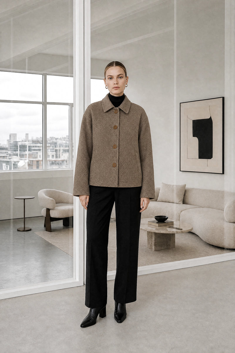 Heidi | Button-Front Jacket in Taupe, studio front view