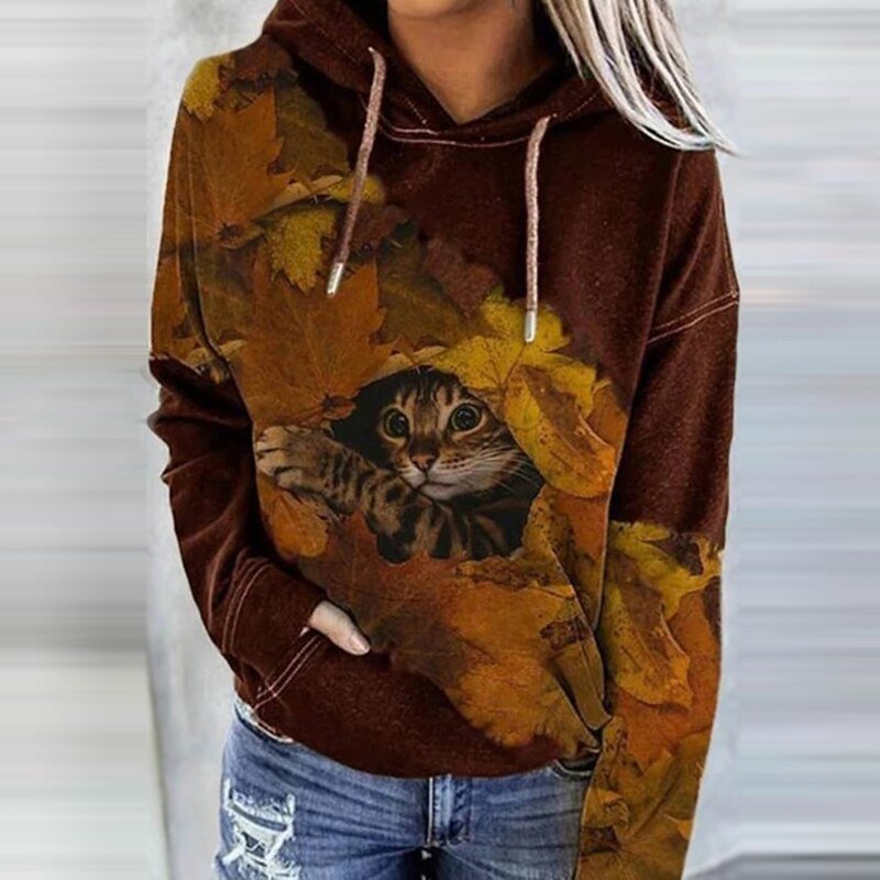 Printed Pullover Hoodie for Women with Cat and Paint Splash Designs in Brown, front view
