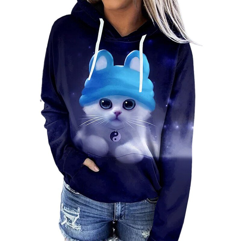 Printed Pullover Hoodie for Women with Cat and Paint Splash Designs in Navy, front view