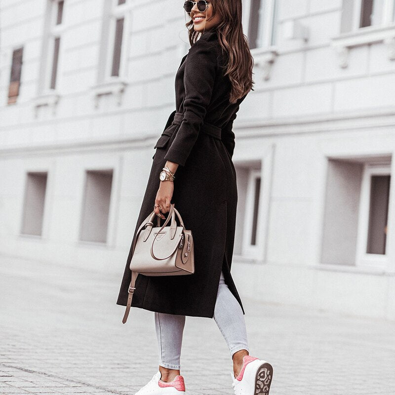 Long Belted Coat for Women with Wide Lapel and Tie Waist, close-up